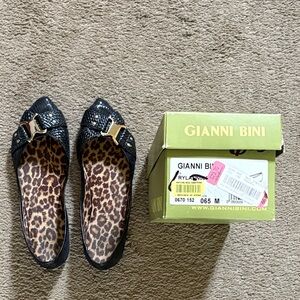 Gianni Bini Black Snake-Texture Ballet Flats with Gold Accent